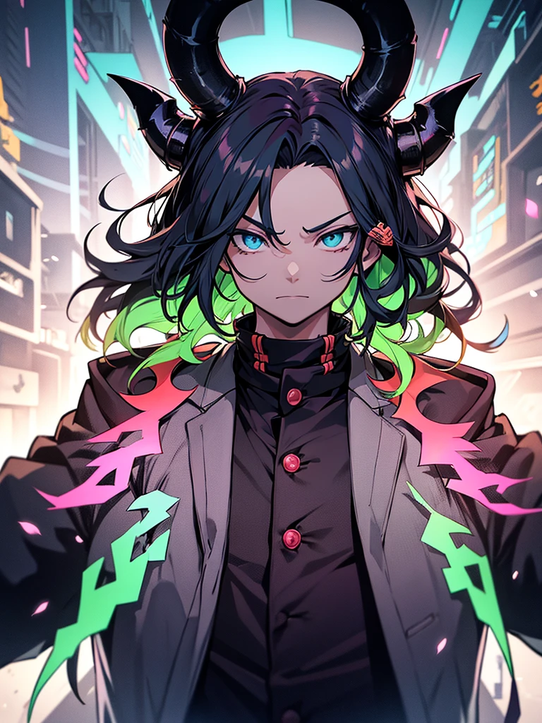 a young man in the center, this man has dark skin, bright purple eyes, black hair with purple and pink highlights, long hair, messy hair, wearing a white long sleeved shirt with a high collar, a pair of black sweatpants, looking straight ahead with a cold expression on his face. In the background, there is a giant serpent with black skin like a shadow, with eyes of purple and pink flames looking forward., showing his two sharp fangs, mountain scenery at night, mystical.