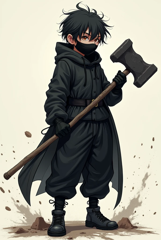 Boy in a black outfit with a black mask holding a sledgehammer with messy hair (game) no realistc