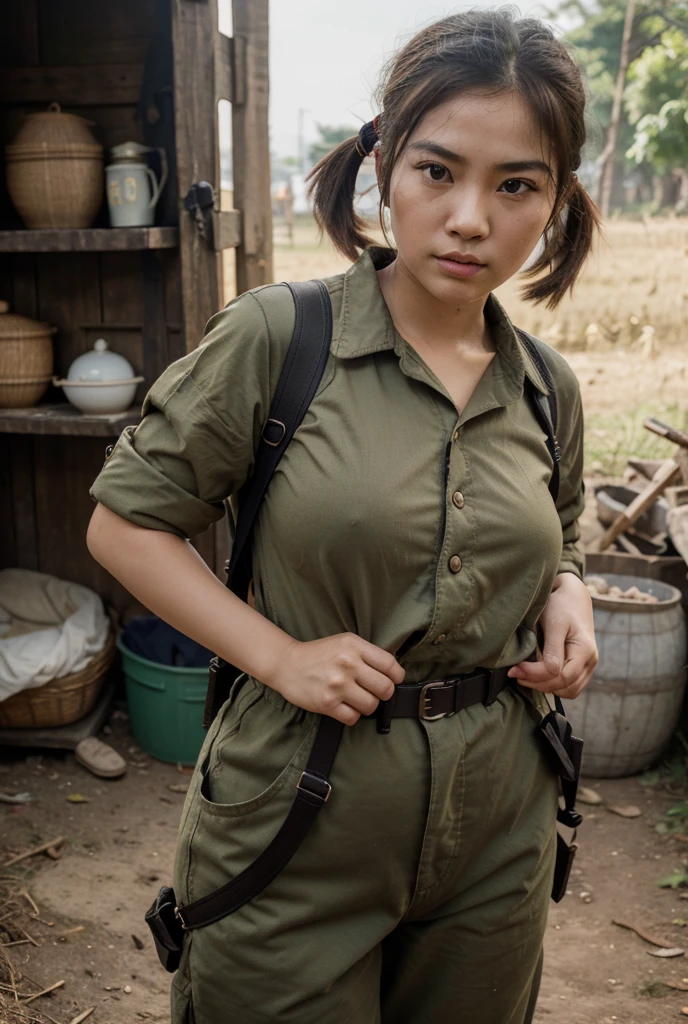 1girl, beautiful detailed female vietcong woman, young, vietnam, vietcong, southeast asia, southeast asian face, voluptuous, curvaceous, short, petite, thicc, thick thighs, busty, wide hips, natural, natural lashes, no makeup, glistening sweat, ager, ulzzang, cute face, thin face, skinny face, thin cheeks, tsundere, annoyed face, angry face, angry brows, frowning, small nose, thin eyes, thin lips, fully clothed, military clothing, baggy clothing, baggy pants, shirt collar, buttoned clothes, military harness, carrying military gear, rifle strap, wearing military pouches, arafed woman, vietnamese farmer, vietnam harvest, vietnam rural travel, vietnamese woman, traditional vietnam, rural vietnam, in bed, makeshift bed, fields, impoverished, disheveled, farmer, farming, messy thick luscious hair, tied short hair, short hair, traditional hairstyle, cute hairstyle, cute haircut, bob cut with pigtails, detailed face, penetrating eyes, beautiful detailed lips, extremely detailed skin, detailed clothing, colorful clothing, (best quality,4k,8k,highres,masterpiece:1.2),ultra-detailed,(realistic,photorealistic,photo-realistic:1.37), natural lighting, warm color tones, cinematic composition