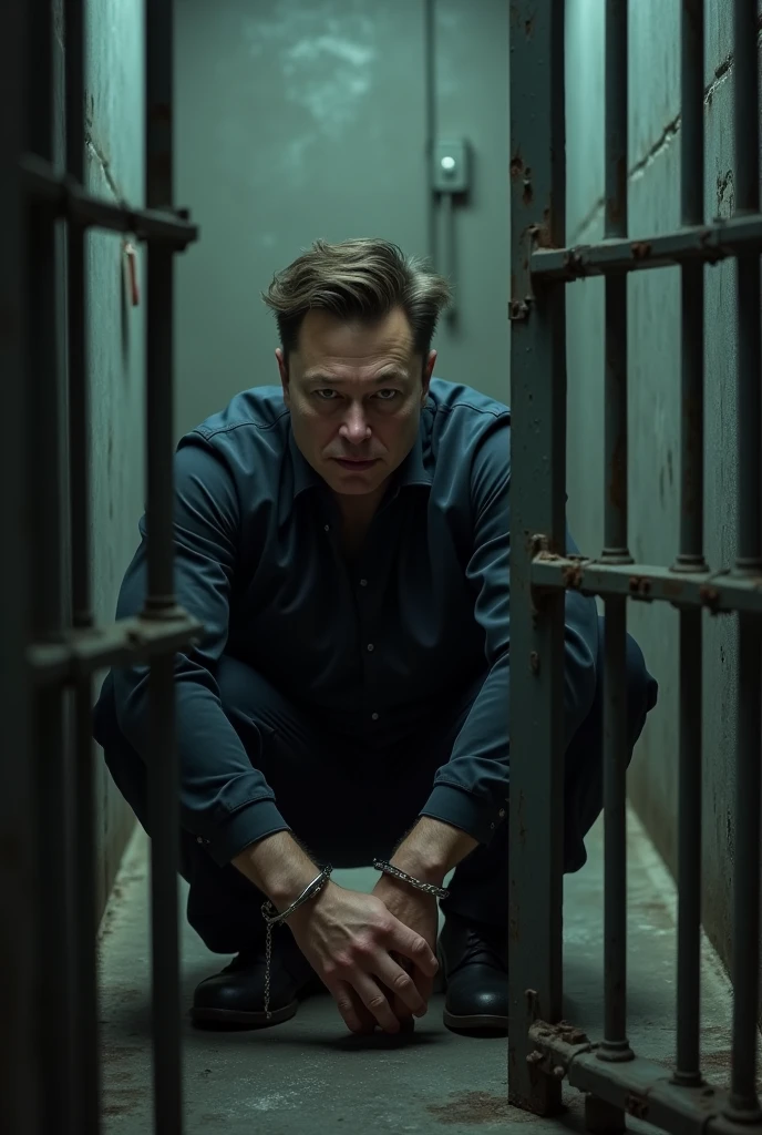 Elon musk crying with handcuffs and locked in a jail cell