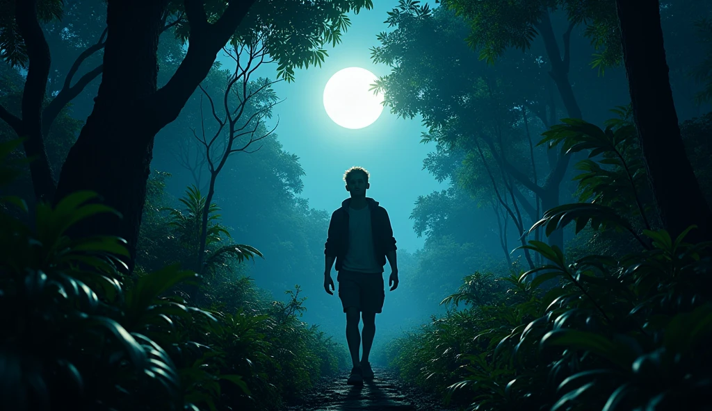 A young man walking on the way in night in jungle, darkness, moonlight