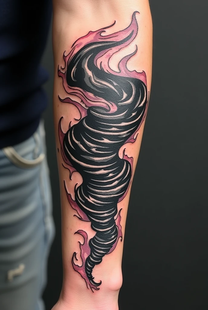 Tattoo with the names Kauê and Gabryel on the left forearm in the shape of a tornado