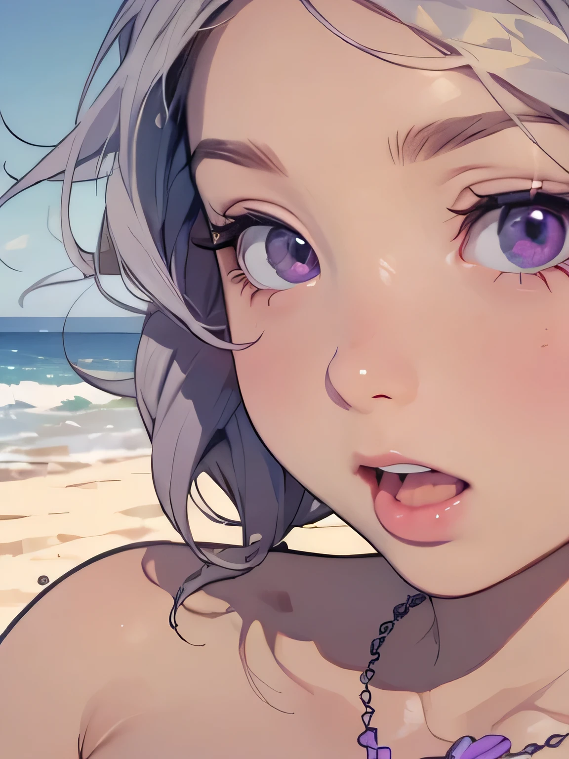 ((high quality colour line art)), (highly detailed), ((cute girl face)), (naked), (((((small tits))))), ((star-shaped blue necklace)), (((sunny beach))), ((pale skin)), (((anatomically correct))), (long black hair), (((chubby))), (singing), ((close-up)), ((purple eyes)), ((whole face))