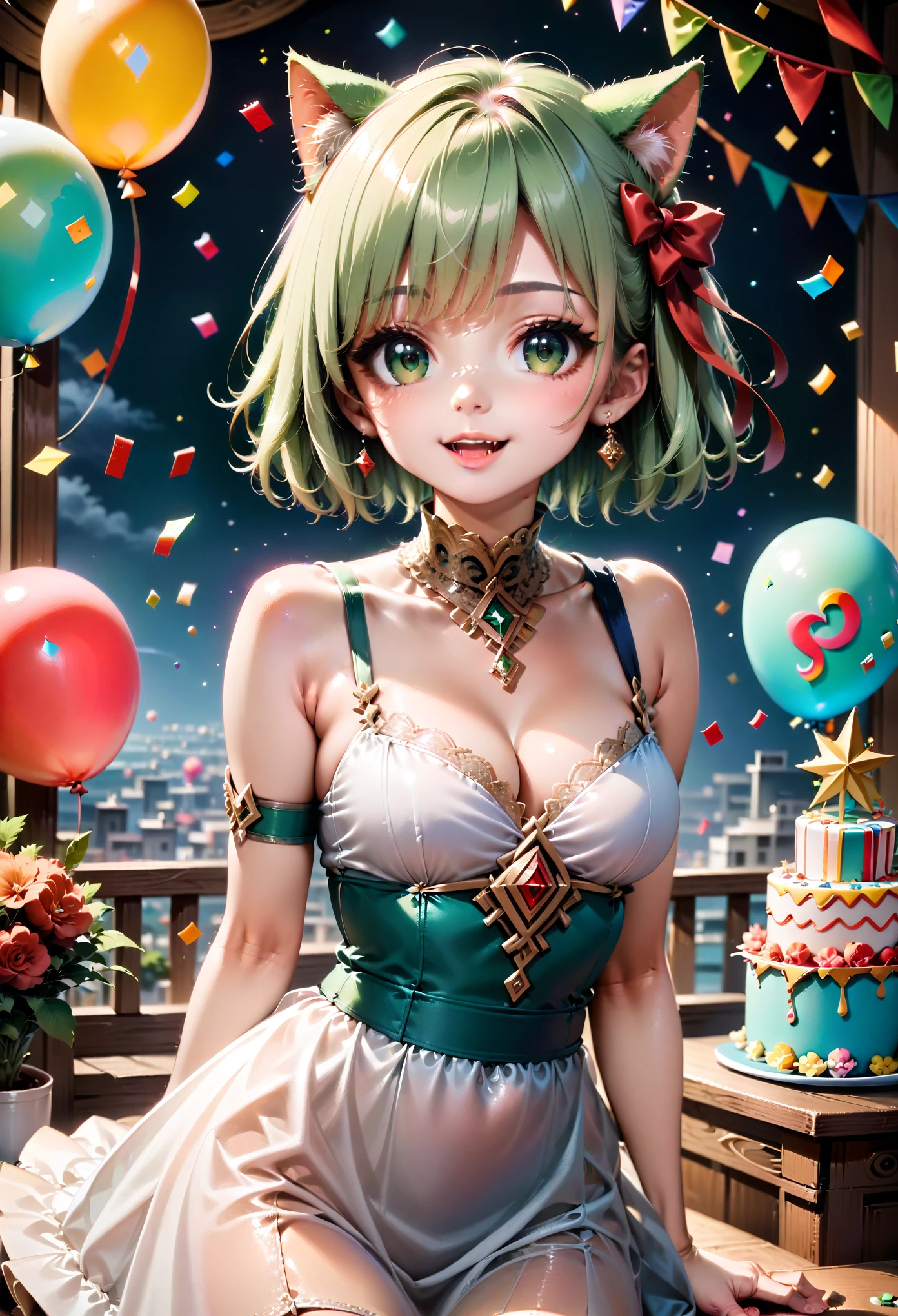 1 cat girl, emerald eyes, cat tail, cat ears, light green hair, short hair, smile, open mouth, cute, medium breasts, bare shoulders, red ribbon, (hair ribbon:1.1), dress, confetti, party, indoors, balloon, gorgeous, glitter, sharp focus, looking at viewer, upper body, (intricate:1.1), (light green tone:1.1), (light brown tone:0.9), (light green atmosphere:1.1), llustration, anime coloring, high contrast, BREAK (masterpiece:1.2), (best quality:1.2), (very aesthetic:1.2), (absurdres:1.2), (detailed background), newest, ai-generated, (intricate details:1.2),
