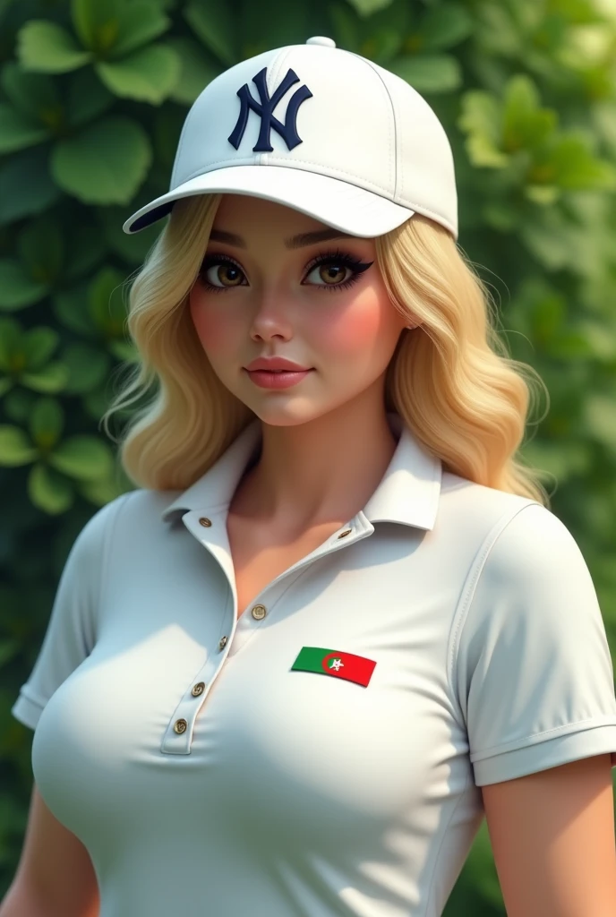 Close up, attractive blonde woman, plump, Gorra ny yankees team 9fifty, white block polo shirt, with green and white Algerian flag detail and tuxedo, green nature background