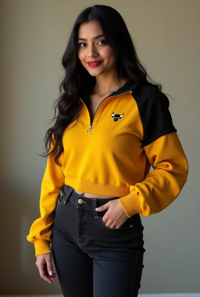 craft a hyper realistic full body length hourglass photo of north Indian beautiful face woman in her age 33, 38B cup breasts, Yellow Black polo neck Sweater and Black jeans slim fit ]] [ bob cut hair cut, full body pose, highly detailed, wearing Chicago Bulls Jordan hoodie jacket and tracks, cute smile, colorized, smooth, charming, pretty big sexy smile, red lipstick, soft lips, supple skin, attractive appearance, full body length photo with shoes.