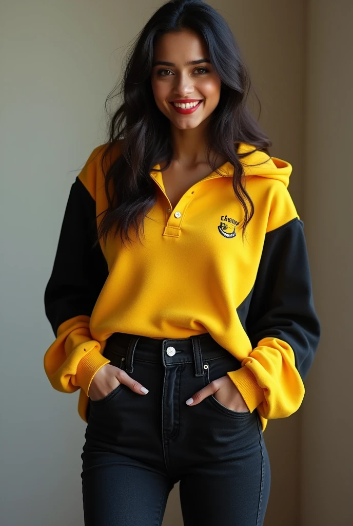 craft a hyper realistic full body length hourglass photo of north Indian beautiful face woman in her age 33, 38B cup breasts, Yellow Black polo neck Sweater and Black jeans slim fit ]] [ bob cut hair cut, full body pose, highly detailed, wearing Chicago Bulls Jordan hoodie jacket and tracks, cute smile, colorized, smooth, charming, pretty big sexy smile, red lipstick, soft lips, supple skin, attractive appearance, full body length photo with shoes.