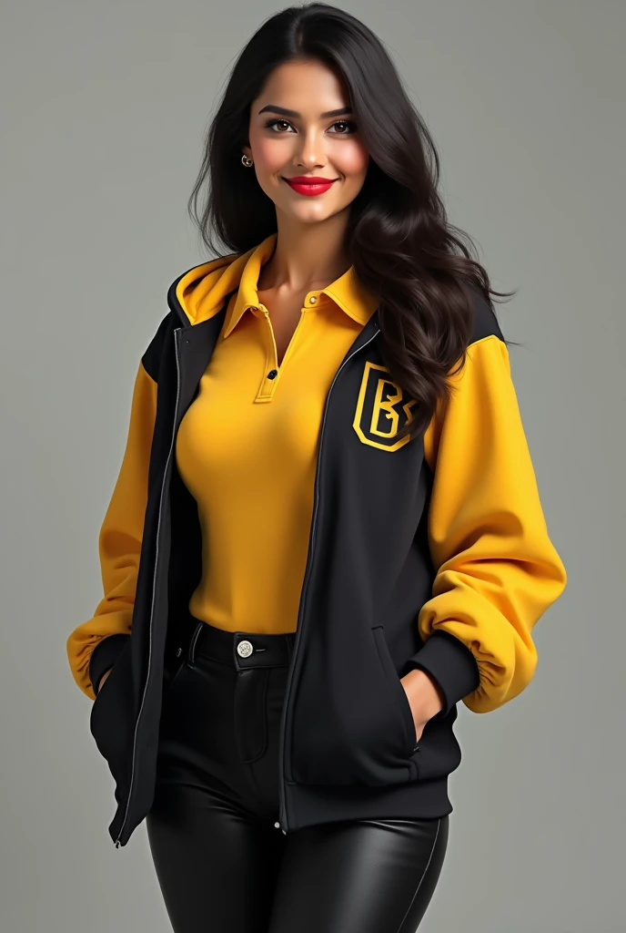 craft a hyper realistic full body length hourglass photo of north Indian beautiful face woman in her age 33, 38B cup breasts, Yellow Black polo neck Sweater and Black jeans slim fit ]] [ bob cut hair cut, full body pose, highly detailed, wearing Chicago Bulls Jordan hoodie jacket and tracks, cute smile, colorized, smooth, charming, pretty big sexy smile, red lipstick, soft lips, supple skin, attractive appearance, full body length photo with shoes.