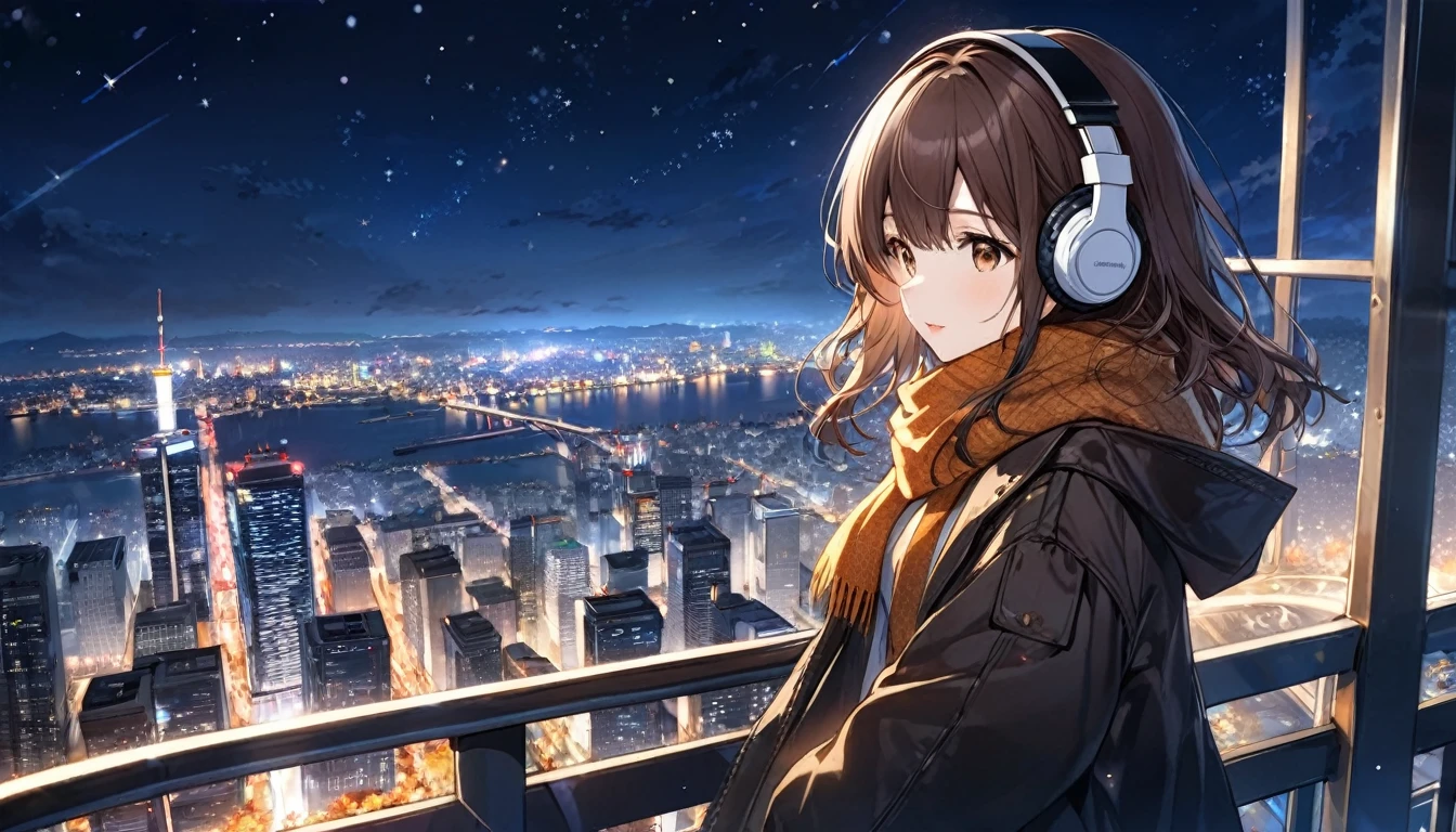 background：Observation deck on high ground。The city lights sparkle、You can see the night view in the distance。
expression：感動したexpression。Gazing at the beautiful night view。
Costume：Warm coat and scarf。Autumn outfits to feel the night breeze。
Pause：Holding the railing of the observation deck、Gazing at the night view。
scene：At the observation deck at night、Looking at the city lights, my heart is at peace。
(Brown haired woman wearing headphones), (Night view from the observatory), (Very detailed, masterpiece, Highest quality, bright), (Anime Style), (Cowboy shot or close-up)。
