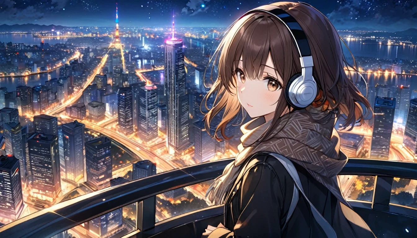 background:Observation deck on high ground。The city lights sparkle、You can see the night view in the distance。
expression:感動したexpression。Gazing at the beautiful night view。
Costume:Warm coat and scarf。Autumn outfits to feel the night breeze。
Pause:Holding the railing of the observation deck、Gazing at the night view。
scene:At the observation deck at night、Looking at the city lights, my heart is at peace。
(Brown haired woman wearing headphones), (Night view from the observatory), (Very detailed, masterpiece, Highest quality, bright), (Anime Style), (Cowboy shot or close-up)。