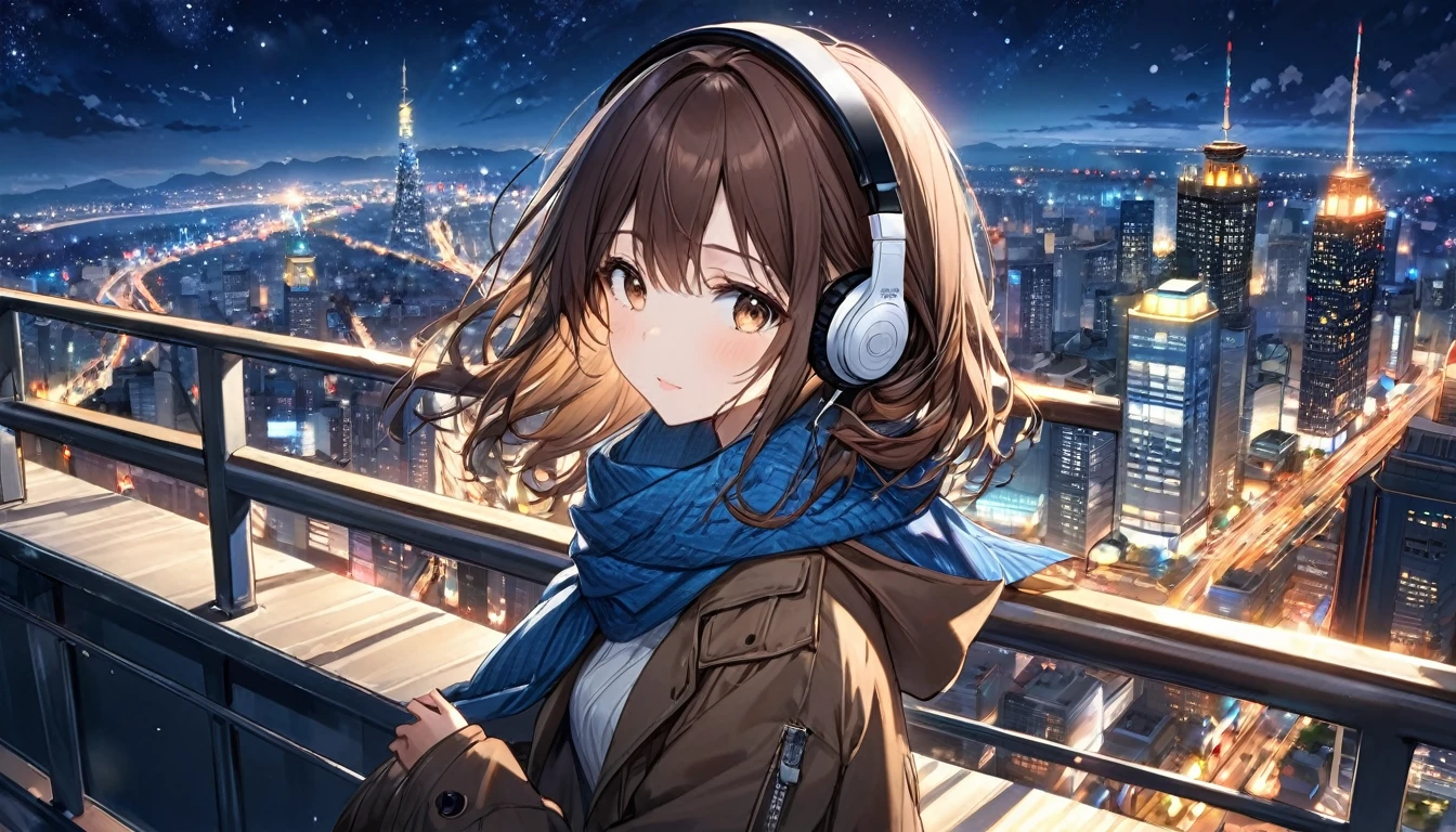 background:Observation deck on high ground。The city lights sparkle、You can see the night view in the distance。
expression:感動したexpression。Gazing at the beautiful night view。
Costume:Warm coat and scarf。Autumn outfits to feel the night breeze。
Pause:Holding the railing of the observation deck、Gazing at the night view。
scene:At the observation deck at night、Looking at the city lights, my heart is at peace。
(Brown haired woman wearing headphones), (Night view from the observatory), (Very detailed, masterpiece, Highest quality, bright), (Anime Style), (Cowboy shot or close-up)。