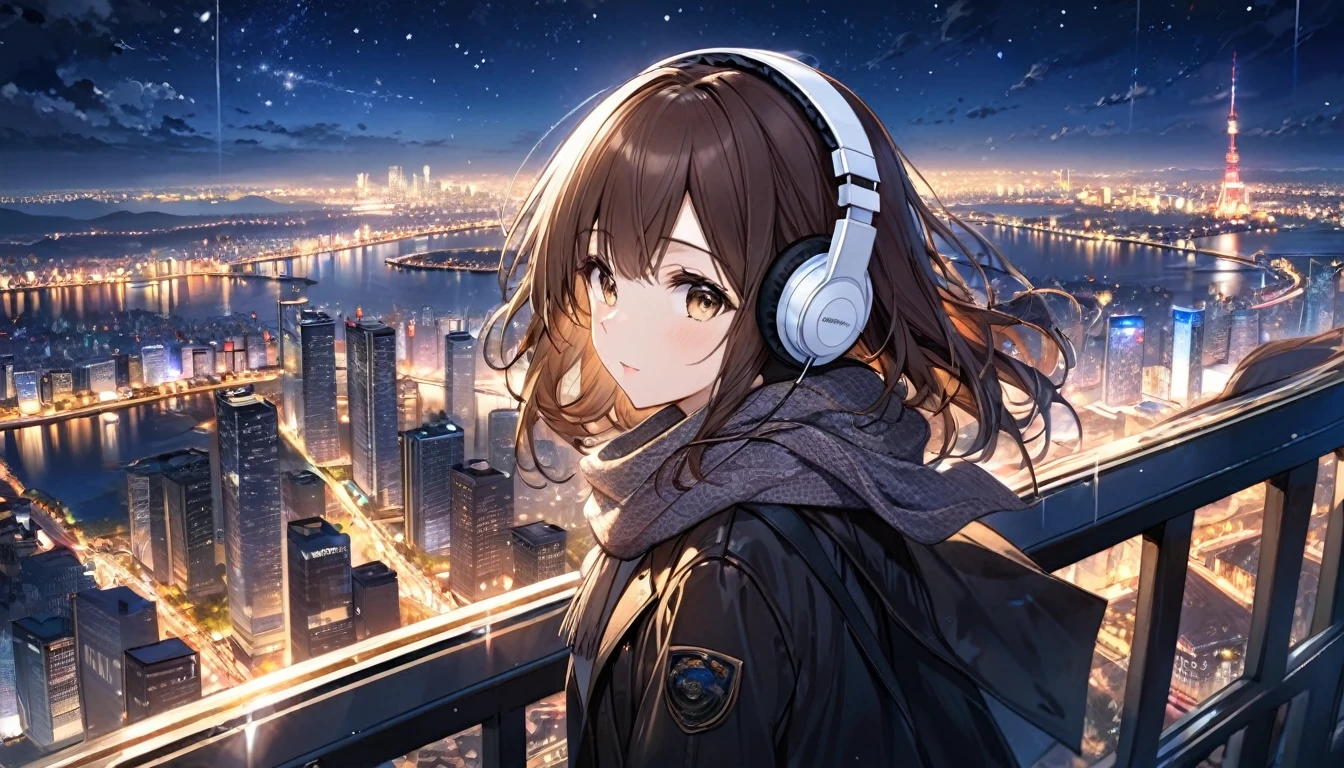 background：Observation deck on high ground。The city lights sparkle、You can see the night view in the distance。
expression：感動したexpression。Gazing at the beautiful night view。
Costume：Warm coat and scarf。Autumn outfits to feel the night breeze。
Pause：Holding the railing of the observation deck、Gazing at the night view。
scene：At the observation deck at night、Looking at the city lights, my heart is at peace。
(Brown haired woman wearing headphones), (Night view from the observatory), (Very detailed, masterpiece, Highest quality, bright), (Anime Style), (Cowboy shot or close-up)。
