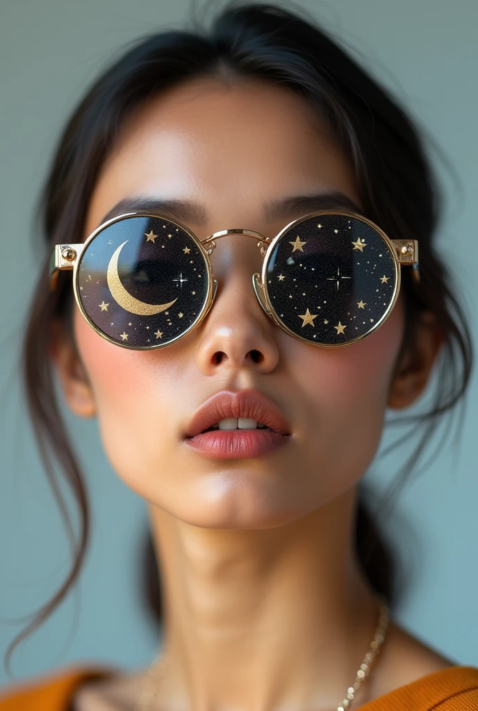 The model is wearing glass sunglasses with stars and the moon on the glass