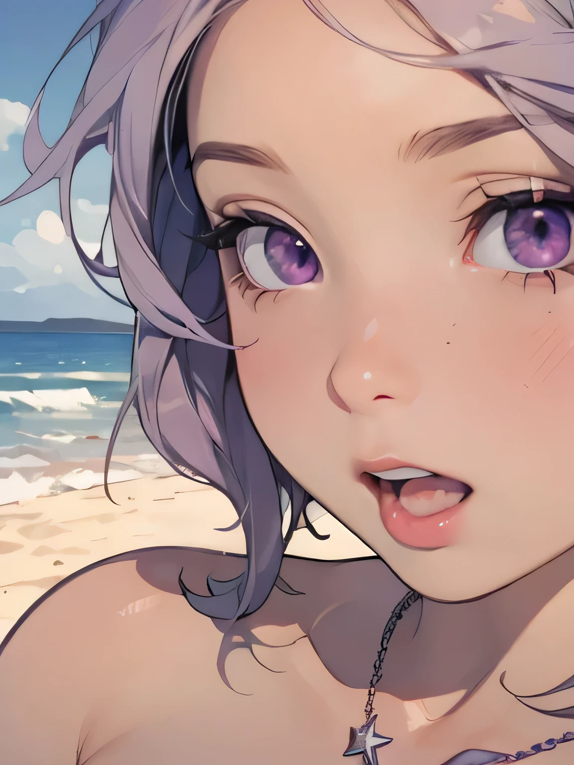 ((high quality colour line art)), (highly detailed), ((cute girl face)), (naked), (((((small tits))))), ((star-shaped blue necklace)), (((sunny beach))), ((pale skin)), (((anatomically correct))), (long black hair), (((chubby))), (singing), ((close-up)), ((purple eyes)), ((whole face))