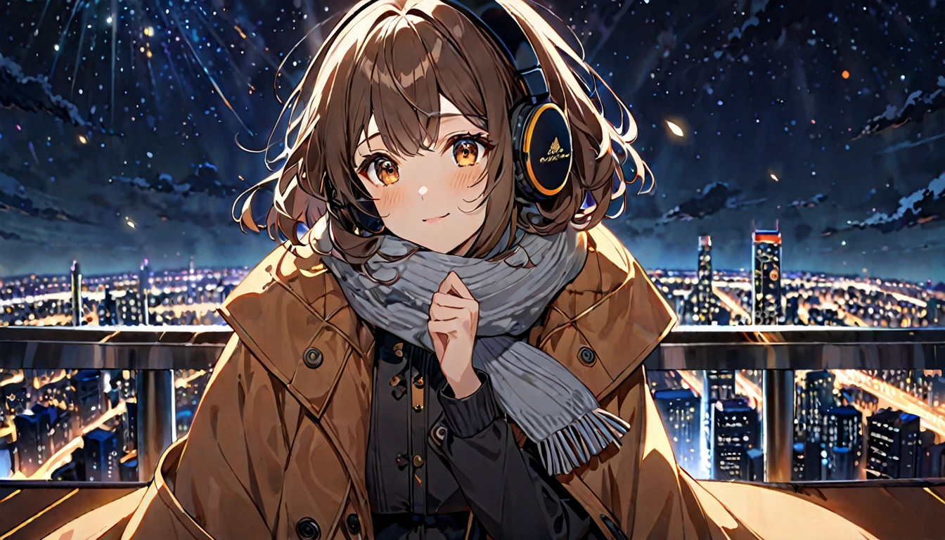 background：Observation deck on high ground。The city lights sparkle、You can see the night view in the distance。
expression：感動したexpression。Gazing at the beautiful night view。
Costume：Warm coat and scarf。Autumn outfits to feel the night breeze。
Pause：Holding the railing of the observation deck、Gazing at the night view。
scene：At the observation deck at night、Looking at the city lights, my heart is at peace。
(Brown haired woman wearing headphones), (Night view from the observatory), (Very detailed, masterpiece, Highest quality, bright), (Anime Style), (Cowboy shot or close-up)。
