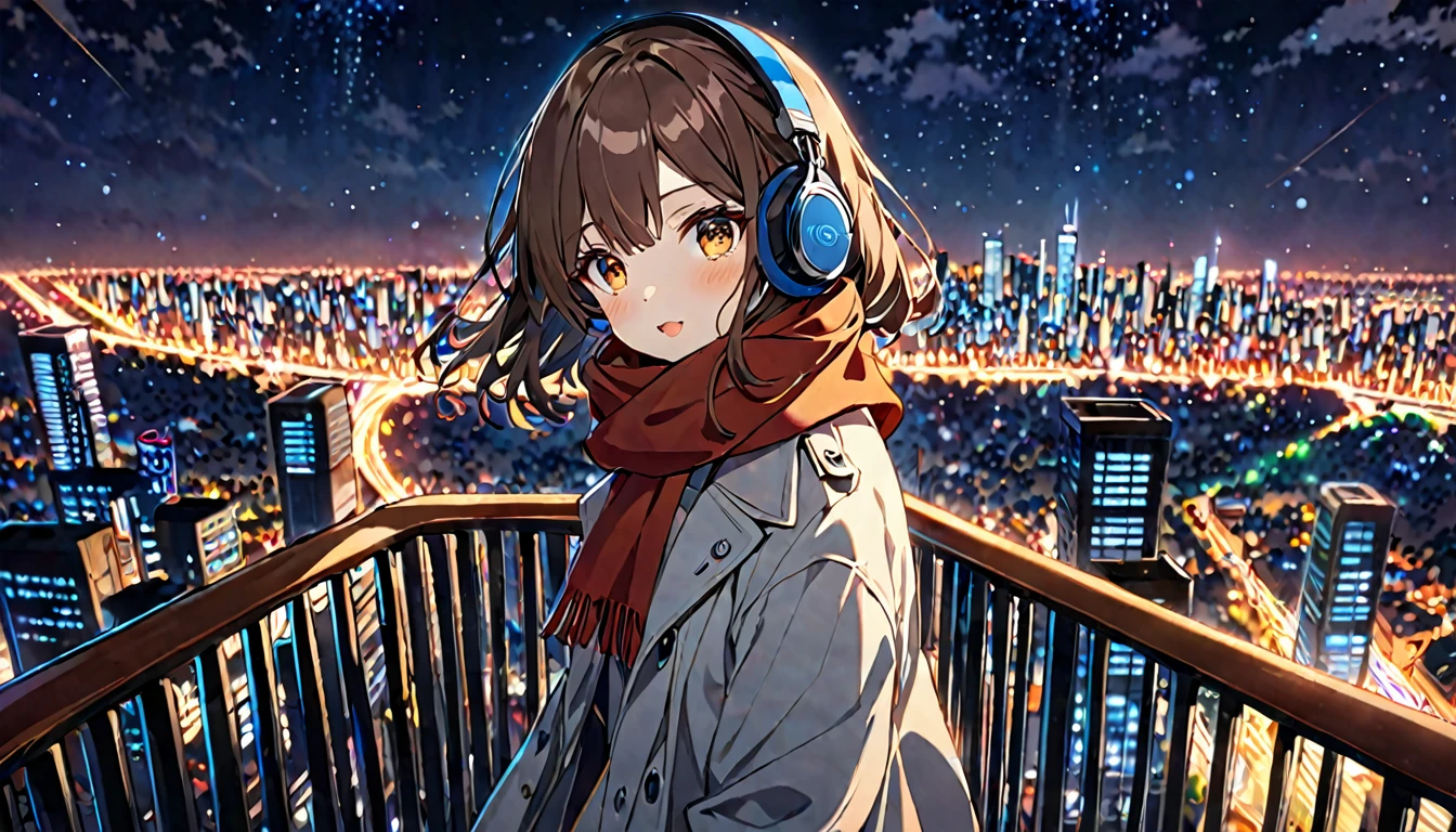 background：Observation deck on high ground。The city lights sparkle、You can see the night view in the distance。
expression：感動したexpression。Gazing at the beautiful night view。
Costume：Warm coat and scarf。Autumn outfits to feel the night breeze。
Pause：Holding the railing of the observation deck、Gazing at the night view。
scene：At the observation deck at night、Looking at the city lights, my heart is at peace。
(Brown haired woman wearing headphones), (Night view from the observatory), (Very detailed, masterpiece, Highest quality, bright), (Anime Style), (Cowboy shot or close-up)。
