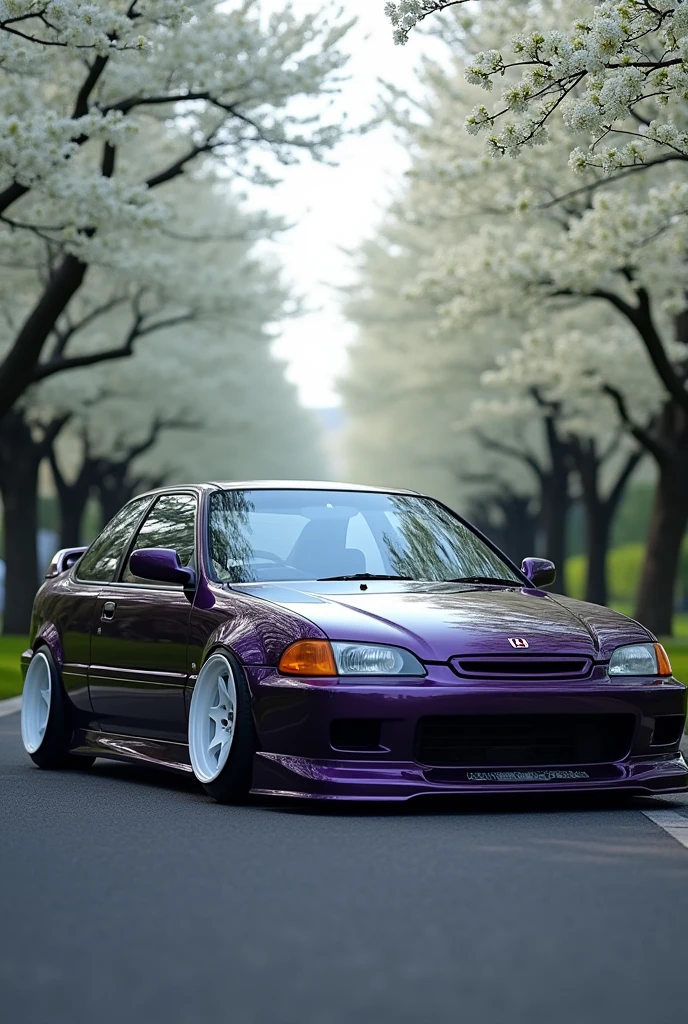 A dark purple 1995 Honda Civic with a front lip and side skirts and simple white wheels in front of trees with white flowers on a street in Japan as a wallpaper.