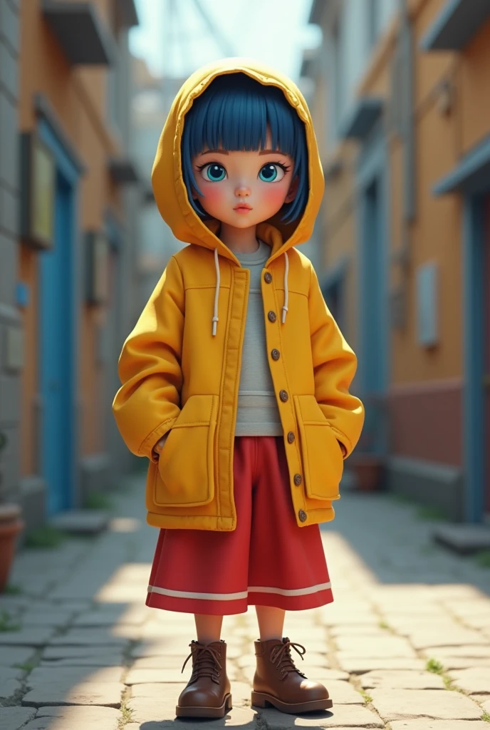  realistic style, 4k, best quality, she, 10 yaer old child, blue eyes, rectangular face type, triangle body type, wearing yellow coat with hood backwards and a red ultra mini skirt above the knee, wearing brown leather women's shoes, dark blue hair with straight bangs and short haircut, realistic, 4k, best quality