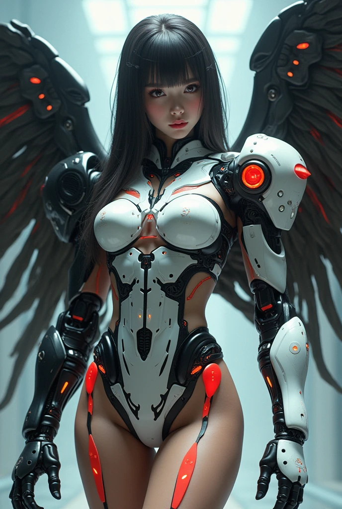 (1girl:1.2),wings,(solo:1.2),color patches,left and right different colors,contrast,with a futuristic wing, mechanical wings,wings, science fiction, eyeshadow, single mechanical arm, gloves, mecha musume, cowboy shot, left black right white, black,gold, silk stockings, hkstyle, style of epic cinematic, amazing quality