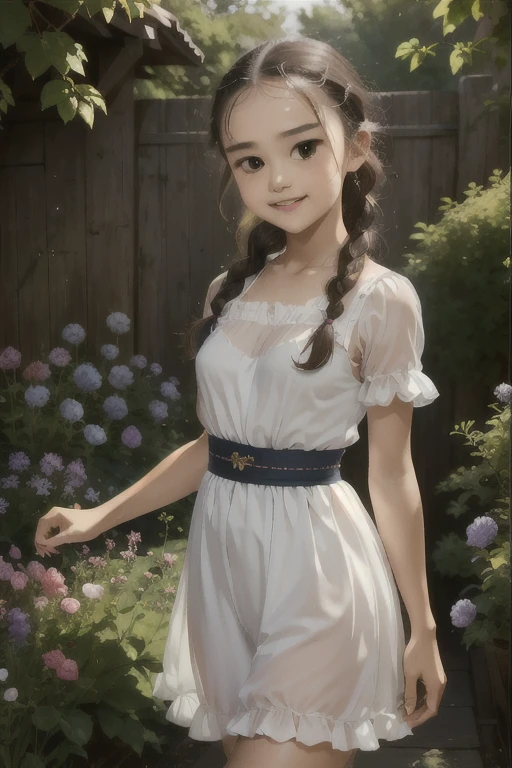 (Highest quality,16K,High resolution,masterpiece:1.2), Very detailed, (Deformed, Realistic, Realistic:1.3)，， ，cute，Very short stature，，Laughing happily, Brown eyes，length, fluffy, Black hair braids，White Dress，Admire the Japanese raccoon dog，The raccoon is much bigger than the girl...，Tanuki is a Japanese raccoon dog，The background of mid-summer is a country house garden，Clothes that become transparent due to sweat，