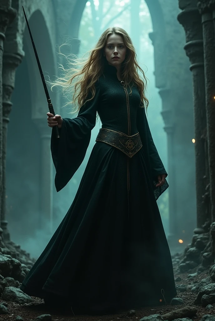 In a dark and enchanted kingdom, Inspired by the aesthetics of the 70s, where mystical shadows intertwine with the gothic melancholy of an ancient and ruined world, surge Hermione Granger, a brilliant young sorceress fighting her destiny.