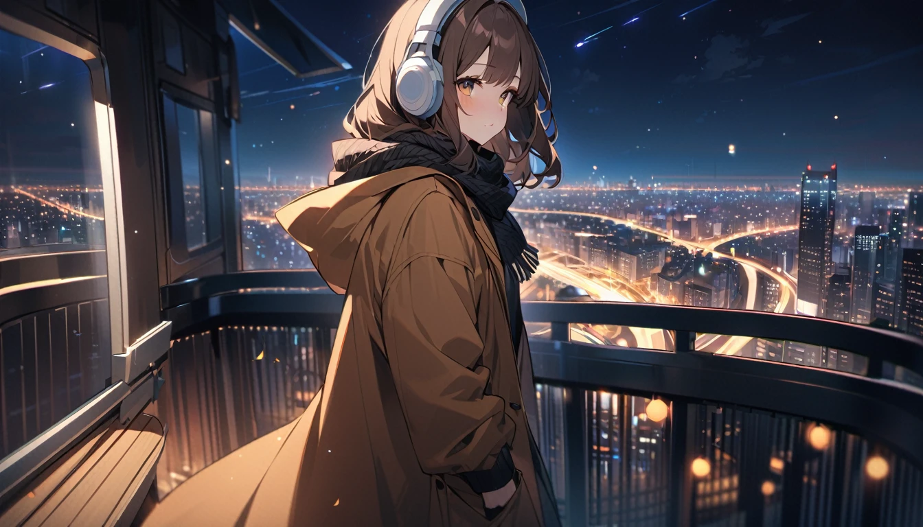 background:Observation deck on high ground。The city lights sparkle、You can see the night view in the distance。
expression:感動したexpression。Gazing at the beautiful night view。
Costume:Warm coat and scarf。Autumn outfits to feel the night breeze。
Pause:Holding the railing of the observation deck、Gazing at the night view。
scene:At the observation deck at night、Looking at the city lights, my heart is at peace。
(Brown haired woman wearing headphones), (Night view from the observatory), (Very detailed, masterpiece, Highest quality, bright), (Anime Style), (Cowboy shot or close-up)。