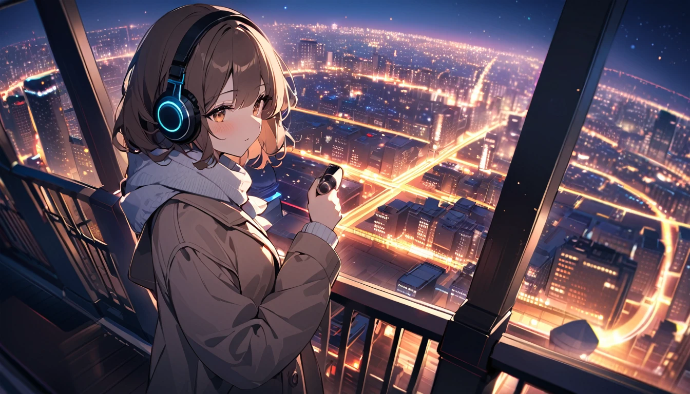 background:Observation deck on high ground。The city lights sparkle、You can see the night view in the distance。
expression:感動したexpression。Gazing at the beautiful night view。
Costume:Warm coat and scarf。Autumn outfits to feel the night breeze。
Pause:Holding the railing of the observation deck、Gazing at the night view。
scene:At the observation deck at night、Looking at the city lights, my heart is at peace。
(Brown haired woman wearing headphones), (Night view from the observatory), (Very detailed, masterpiece, Highest quality, bright), (Anime Style), (Cowboy shot or close-up)。