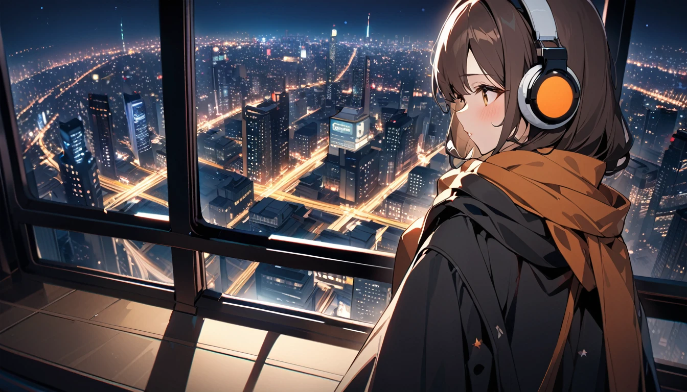 background:Observation deck on high ground。The city lights sparkle、You can see the night view in the distance。
expression:感動したexpression。Gazing at the beautiful night view。
Costume:Warm coat and scarf。Autumn outfits to feel the night breeze。
Pause:Holding the railing of the observation deck、Gazing at the night view。
scene:At the observation deck at night、Looking at the city lights, my heart is at peace。
(Brown haired woman wearing headphones), (Night view from the observatory), (Very detailed, masterpiece, Highest quality, bright), (Anime Style), (Cowboy shot or close-up)。
