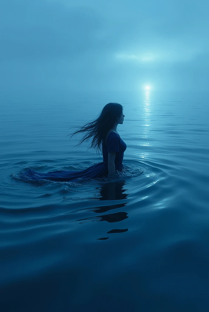 A cantora Chapell Roan, swimming in the middle of the sea, looking at a light, with navy blue clothes