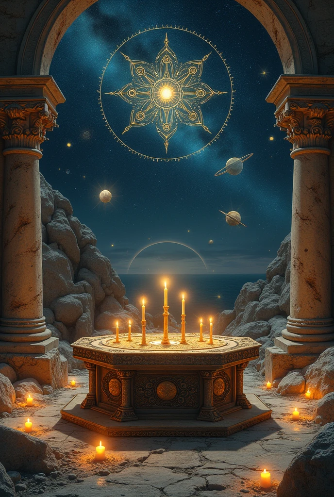 Ancient altar for astrology, surrounded by mystical symbols, glowing celestial objects, oil painting style, warm tones, ancient ruins, starry night sky, candlelight illuminating the scene, mystical atmosphere, intricate details, Renaissance art influence