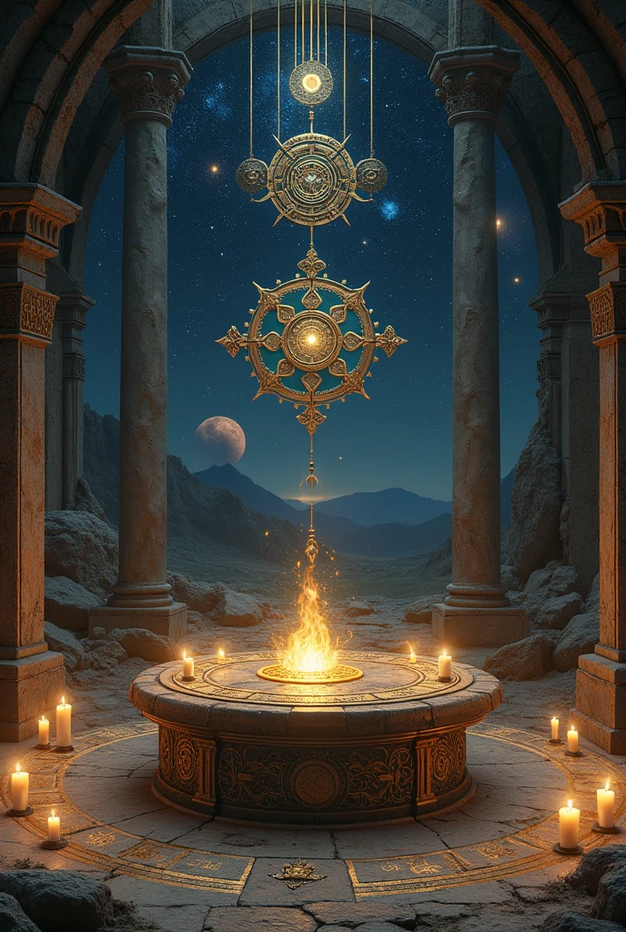Ancient altar for astrology, surrounded by mystical symbols, glowing celestial objects, oil painting style, warm tones, ancient ruins, starry night sky, candlelight illuminating the scene, mystical atmosphere, intricate details, Renaissance art influence