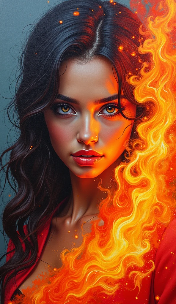 Create a striking oil painting of a beautiful woman that is engulfed in multi coloured flames made from brushstrokes, sharpfocused facial features, crystal clear eyes, highest quality., graffiti, vibrant, illustration, painting, fashion