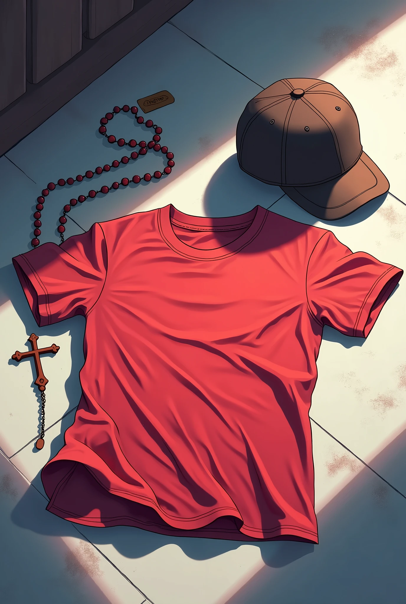 Red T-shirt crumpled on the floor and next to it a baseball cap and a rosary 2d style anime visually beautiful very anime  
Red T-shirt crumpled on the floor and next to it a baseball cap and a rosary 2d style anime visually beautiful very anime Anime style anime 