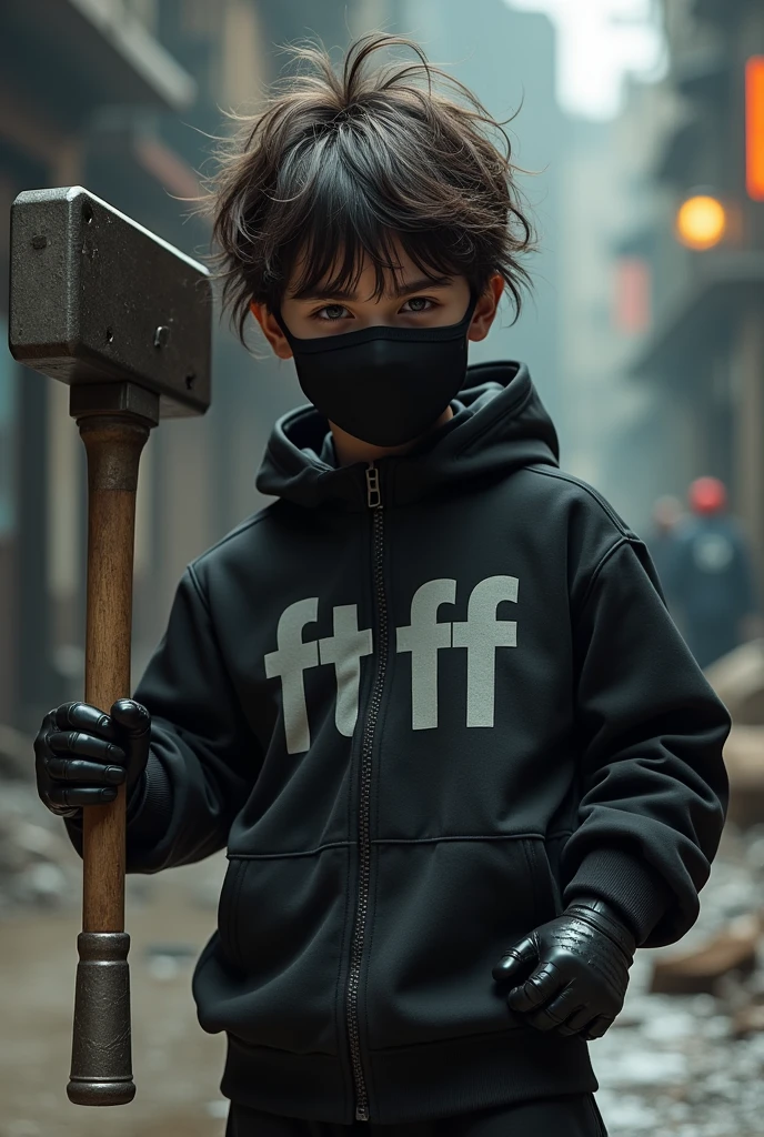 Boy in a black outfit with a black mask holding a sledgehammer with messy hair (game) no realistc With an outfit that says "ftf"