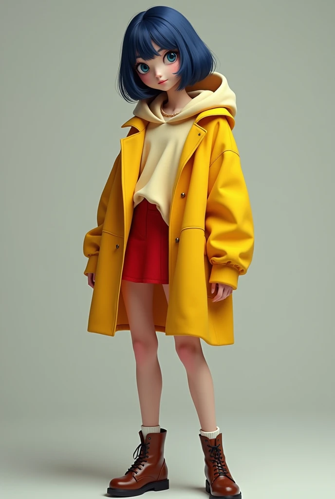  realistic style, 4k, best quality, she, 18 er old child, blue eyes, rectangular face type, triangle body type, wearing yellow coat with hood backwards and a red ultra mini skirt above the knee, wearing brown leather women's shoes, dark blue hair with straight bangs and short haircut, realistic, 4k, best quality