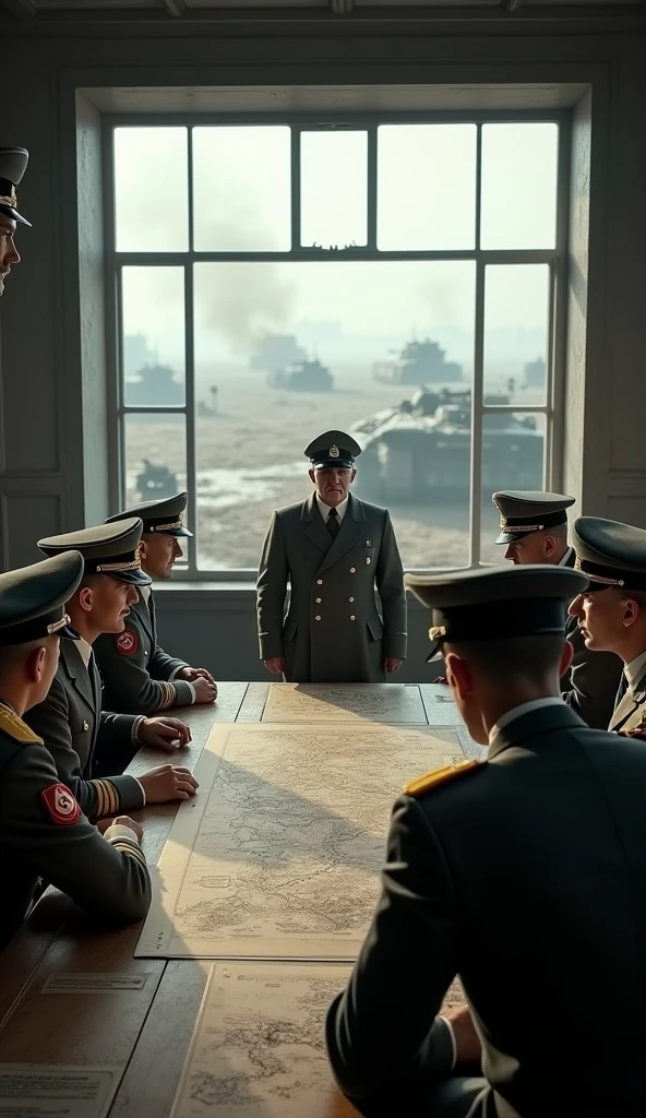 Hitler observing military operations from a command post, late 1940s, dressed in a long military coat and cap, surrounded by generals in uniform, a large map table with battle plans, outside the window, a war-torn landscape with tanks and soldiers moving, hyper-realistic, photo realism, cinematography -- ar 9:16