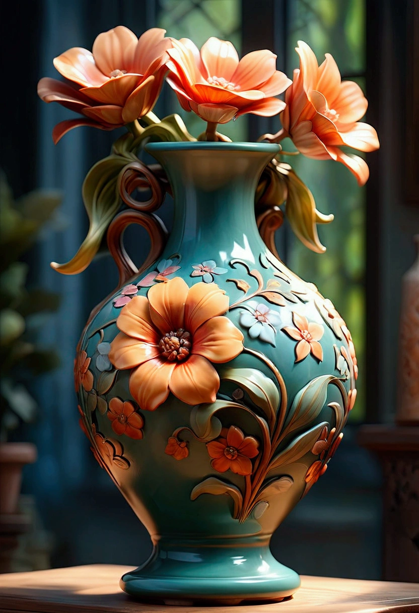 Ceramics, a beautiful ceramic vase, hand-crafted, intricate floral patterns, glossy glazed surface, (4k,8k,highres:1.2), ultra-detailed, (realistic,photorealistic,photo-realistic:1.37), studio lighting, impeccable craftsmanship, delicate brushwork, vibrant colors, elegant design, masterpiece, best quality, very aesthetic, absurdres