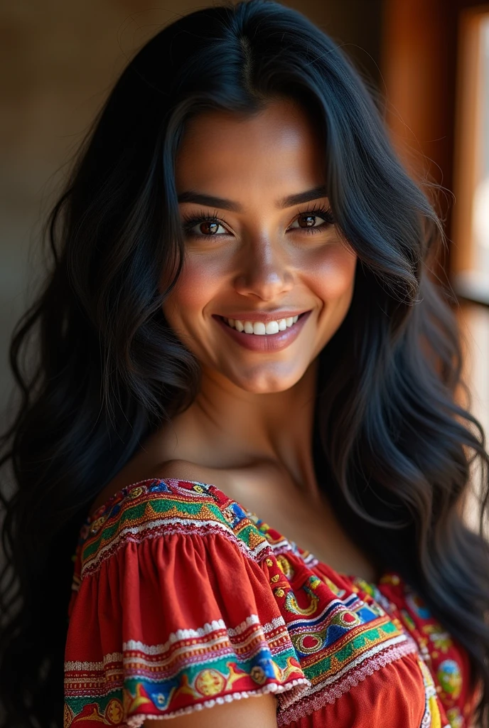 Realistic photograph of a beautiful flirtatious woman with dark skin and black hair, using the cholita paceña clothing, traditional from the department of La Paz in Bolivia.
