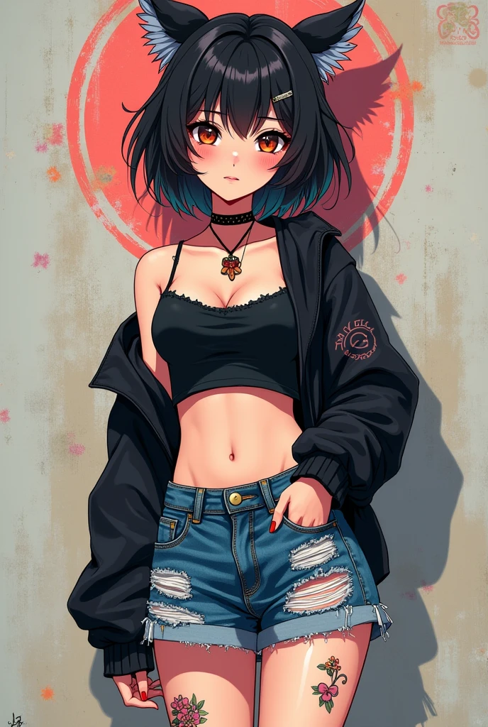Anime girl wearing short jeans with holes and tattoos