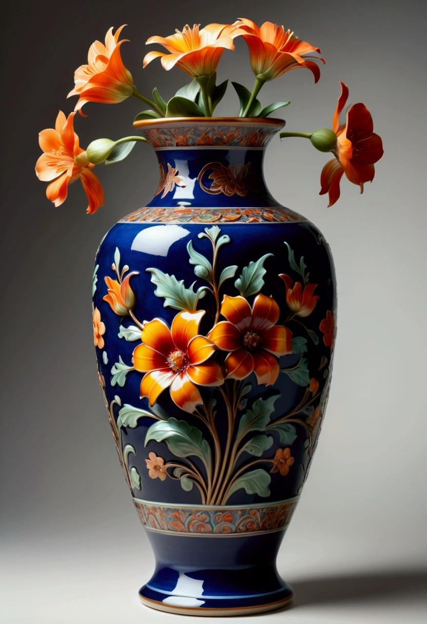 Ceramics, a beautiful ceramic vase, hand-crafted, intricate floral patterns, glossy glazed surface, (4k,8k,highres:1.2), ultra-detailed, (realistic,photorealistic,photo-realistic:1.37), studio lighting, impeccable craftsmanship, delicate brushwork, vibrant colors, elegant design, masterpiece, best quality, very aesthetic, absurdres