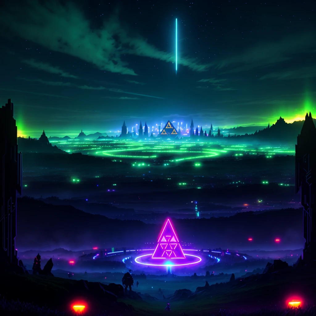 Hyrule Field from The Legend of Zelda with a futuristic look and neon lights