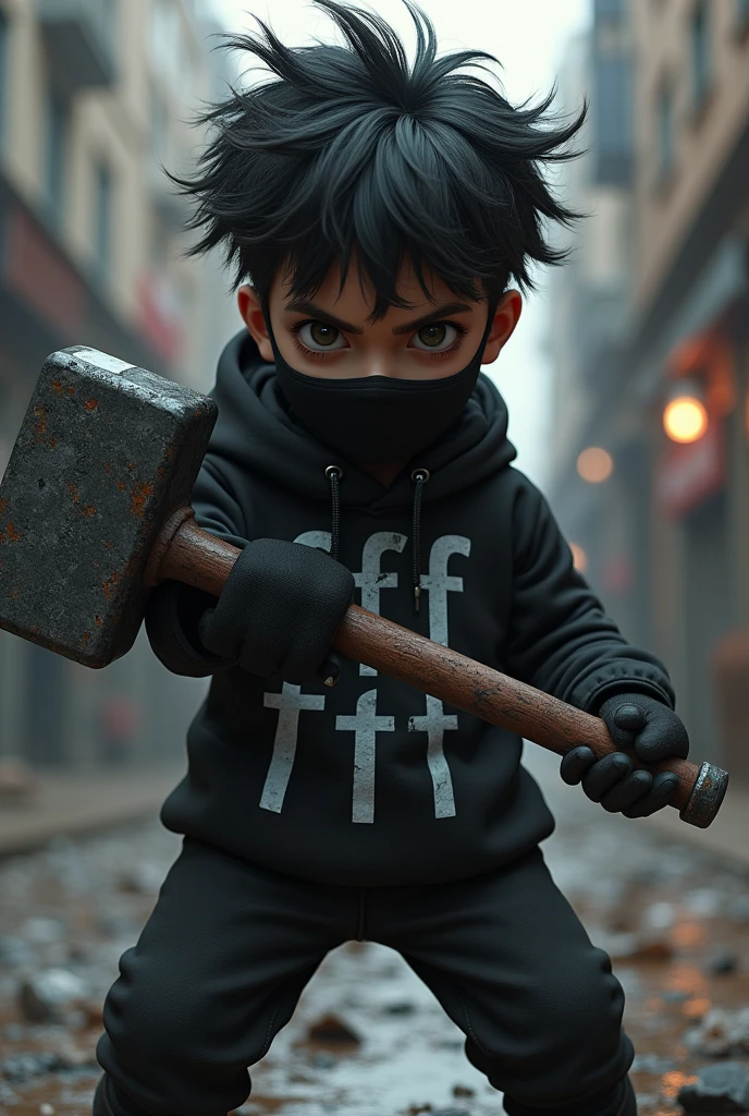Boy in a black outfit with a black mask holding a sledgehammer with messy hair game style With an outfit that says "ftf"