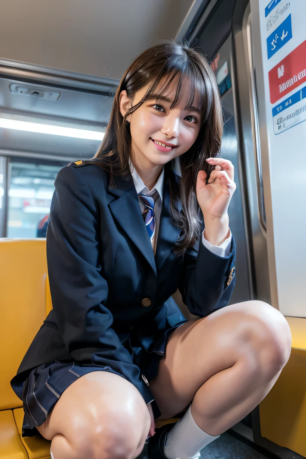 highest quality, masterpiece, Ultra-high resolution, (Reality: 1.4), Original photo, One girl, mature, White JK Uniform, happy smile, , squatting on seat in train,  Cinema Lighting