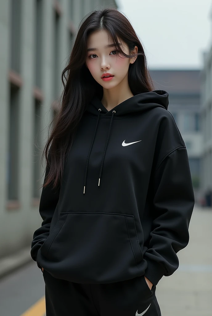 Une brune coréenne aux yeux bridés aux cheveux longs portant un sweat-shirt a capuche noir Nike et un pantalon noir Nike assorti, 