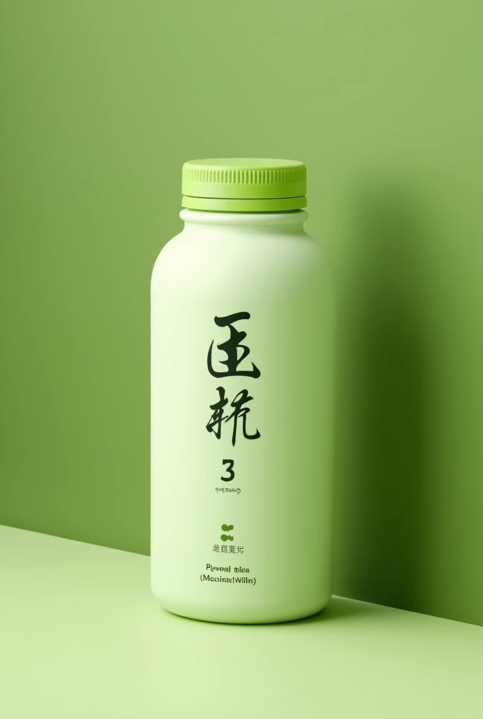 Create a minimalist protein shake packaging with the Japanese style shaky logo so that the matcha tea from which the protein shake is made can be seen, so that it looks pretty
