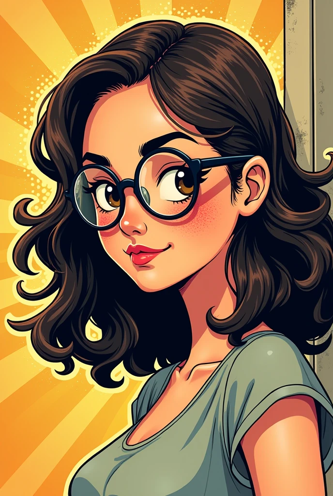 an image in the style of the scott pilgrim series, woman dark brown wavy hair medium length, dark eyes fair skin with freckles, round glasses looking sideways