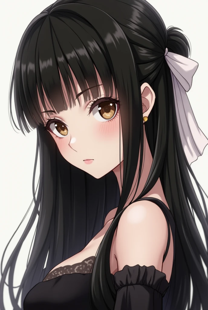 An anime girl who has long black hair that she wears half-tied up with a white ribbon., Her straight bangs cover her entire forehead.. His eyes are light brown but can sometimes appear black. His skin is pale so it contrasts greatly with his hair.