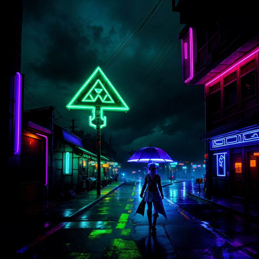 rainy night in a hyrule from the legend of zelda with futuristic look and neon lights