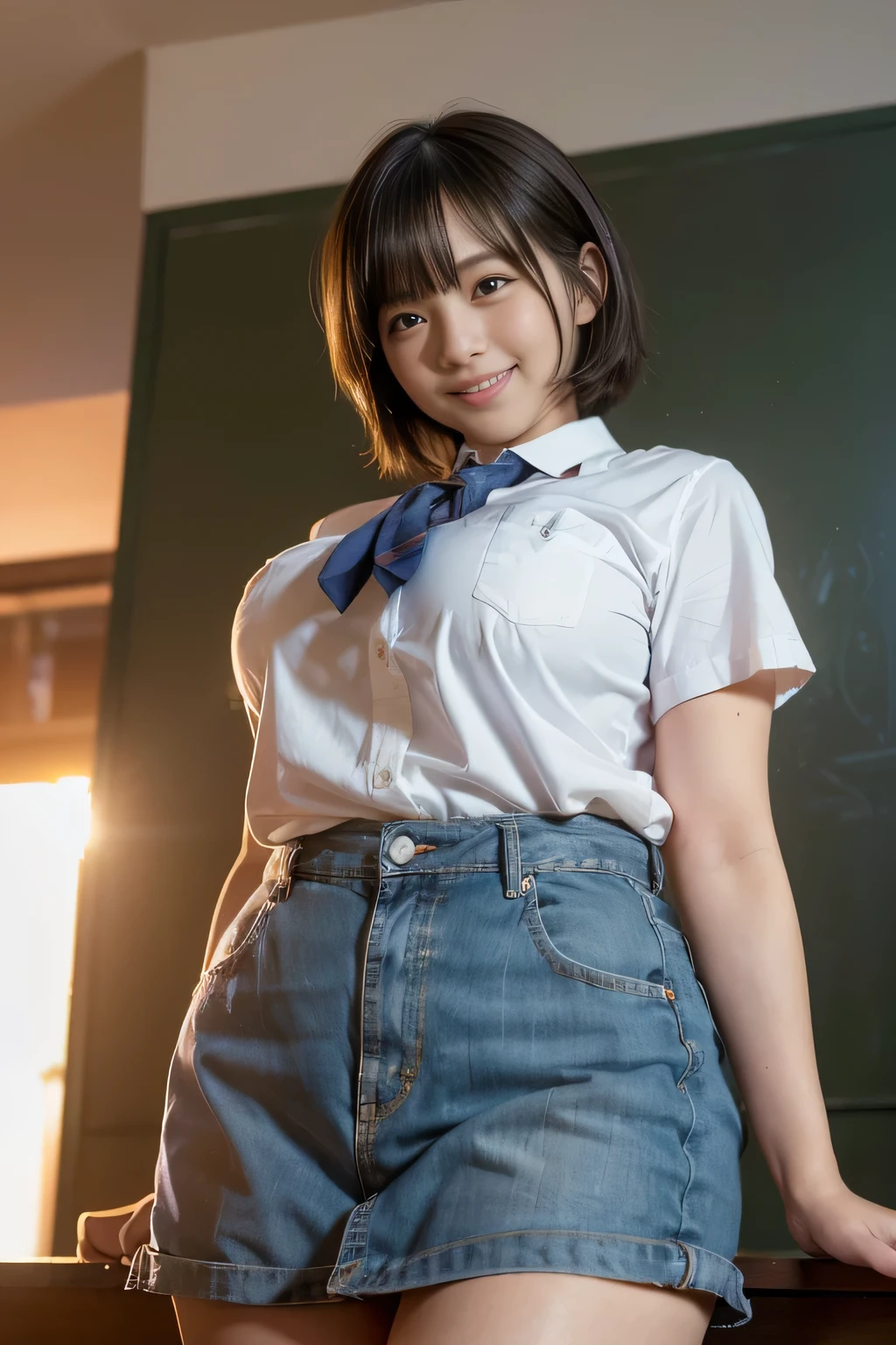 highest quality, masterpiece, Ultra-high resolution, (Reality: 1.4), Original photo, 1 woman, mature, happy smile, short hair, plump body, sagging breasts, Cinema Lighting, from below, Schoolgirl uniform, White short sleeve shirt, sunset, cowboy shot、High school girls after school,