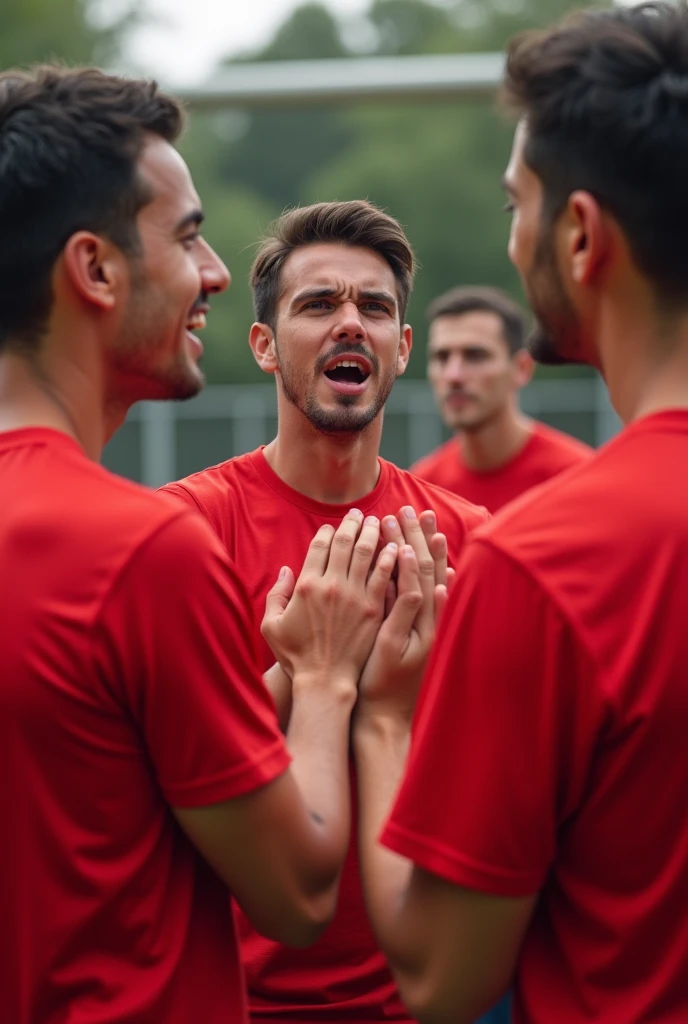 Three people in red t-shirts rubbing their hands